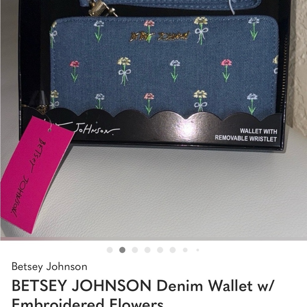 Betsey Johnson Denim Blue Embroidered Floral Wristlet Wallet